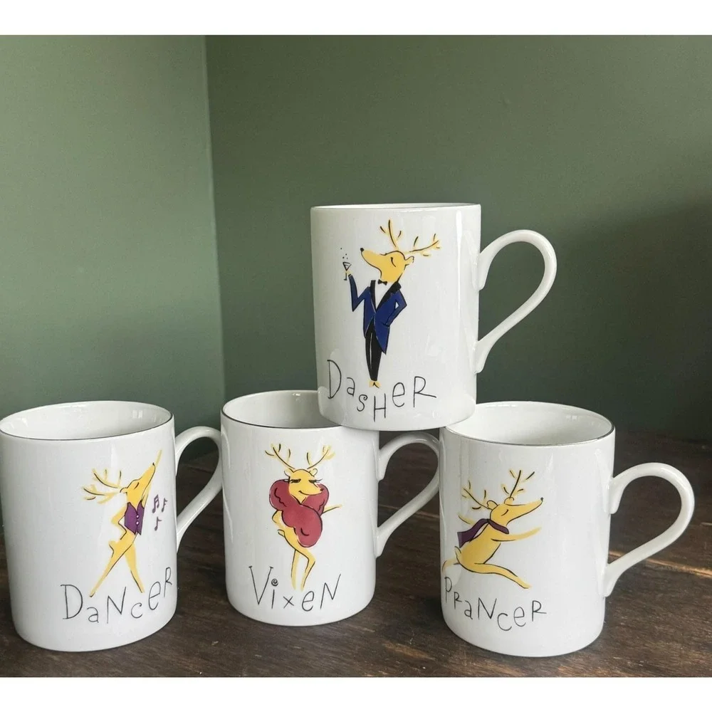 Four Pottery Barn Reindeer Coffee Mugs Prancer Vixen Dancer Dasher